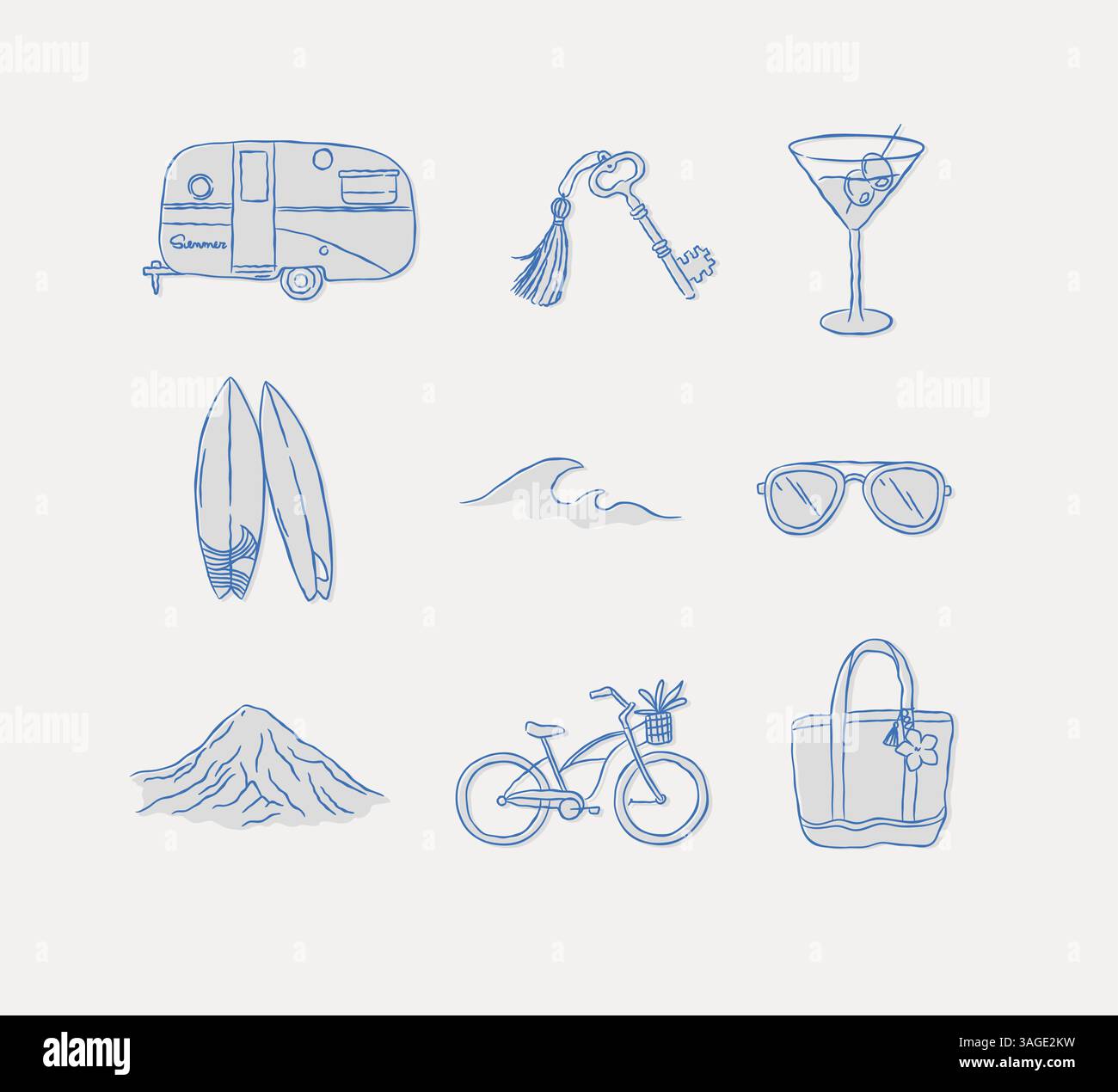 Icone di viaggio estive collezione auto rimorchio chiave vetro onde da surf occhiali da sole mountain bike borsa da spiaggia disegno in stile grafico su sfondo blu Illustrazione Vettoriale