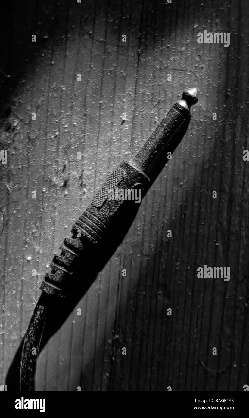 Voce nella polvere: Microfono su legno illuminato dal sole Foto Stock