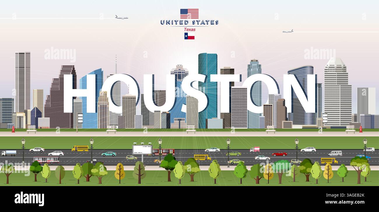 Illustrazione vettoriale colorata dello skyline di Houston. Poster da viaggio Illustrazione Vettoriale