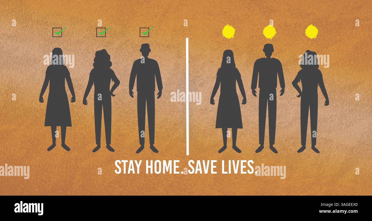 Illustrando sagome distanziate che sottolineano il messaggio Stay Home Save Lives Foto Stock