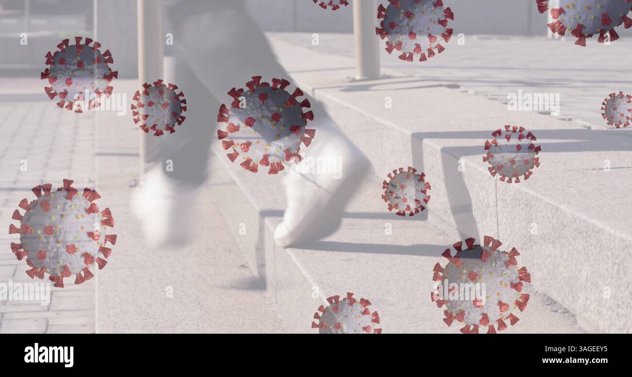 Grafica del coronavirus che si sovrappone alla scena mentre la persona sale i gradini all'aperto Foto Stock