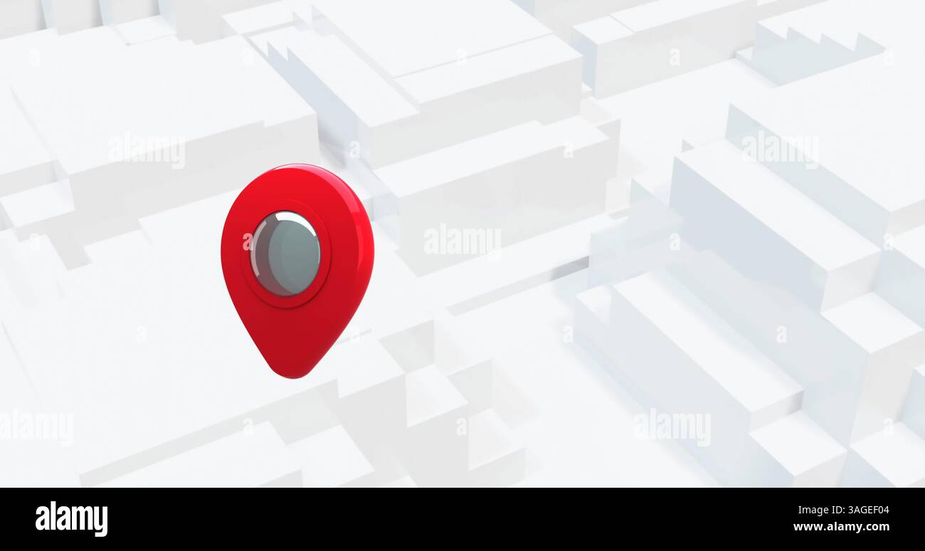 Immagine di un singolo marcatore di posizione GPS che galleggia su uno sfondo di blocchi grigi in movimento Foto Stock