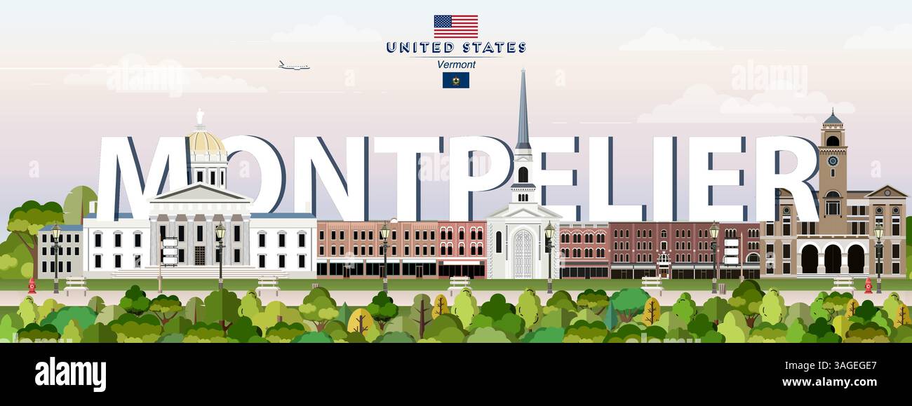 Illustrazione vettoriale colorata dello skyline di Montpelier. Poster da viaggio Illustrazione Vettoriale