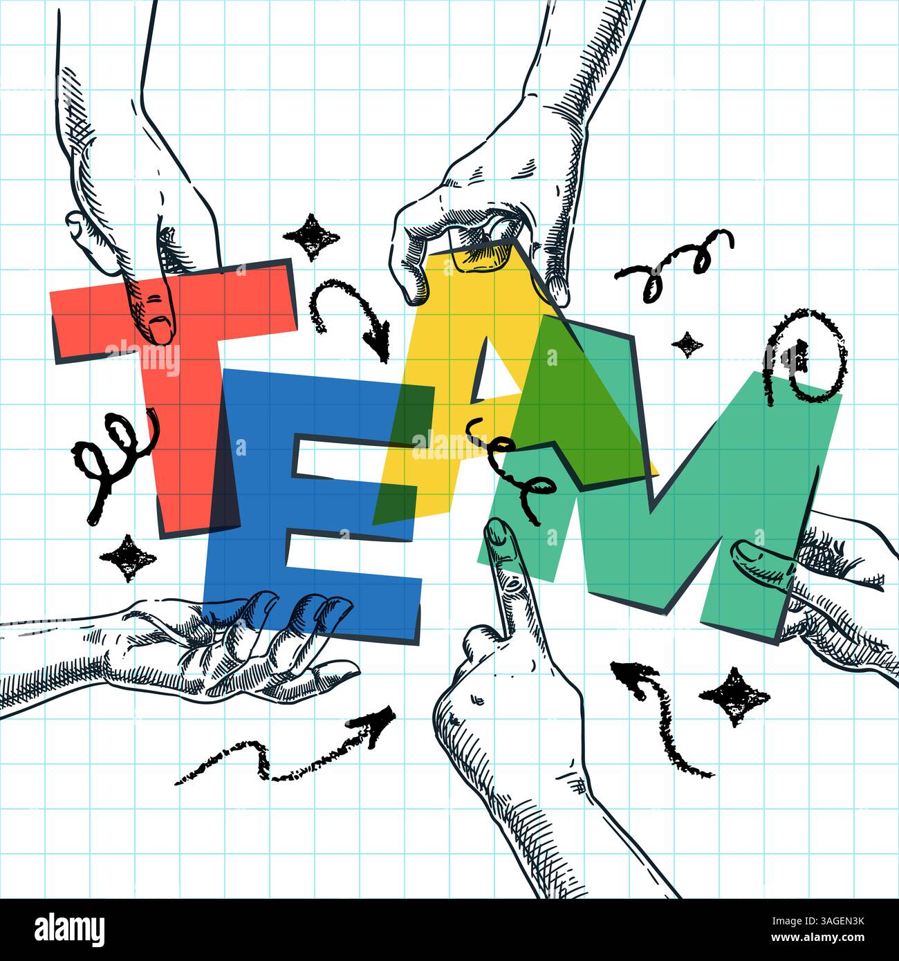 Lettere vivaci, formando una squadra di parole in mani umane. Illustrazione dello schizzo disegnato a mano vettoriale su un foglio a scacchi di sfondo. Lavoro di squadra, business co Illustrazione Vettoriale