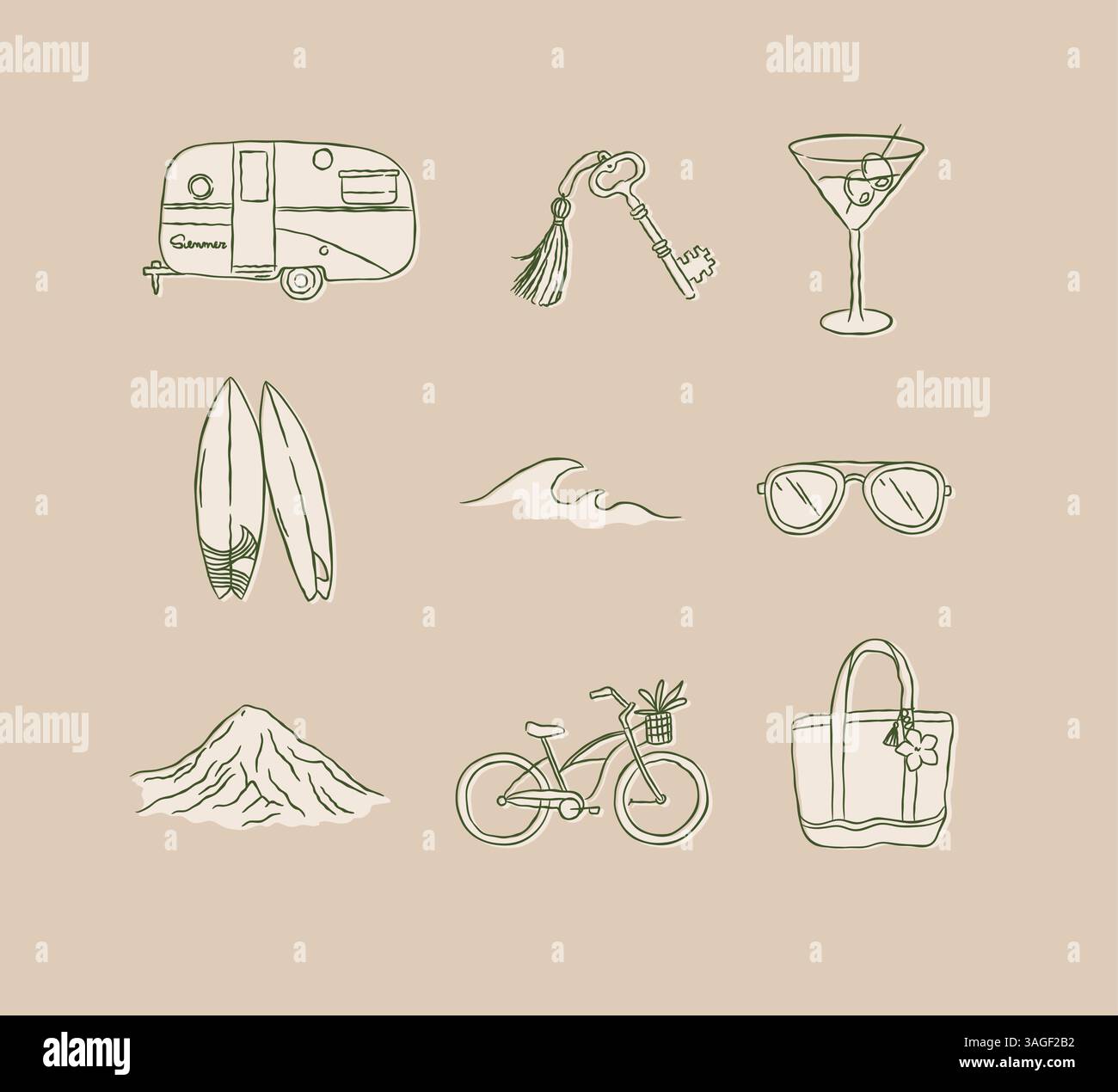 Icone di viaggio estive collezione auto rimorchio chiave vetro onde tavola da surf occhiali da sole mountain bike borsa da spiaggia disegno in stile grafico su backgroun marrone Illustrazione Vettoriale
