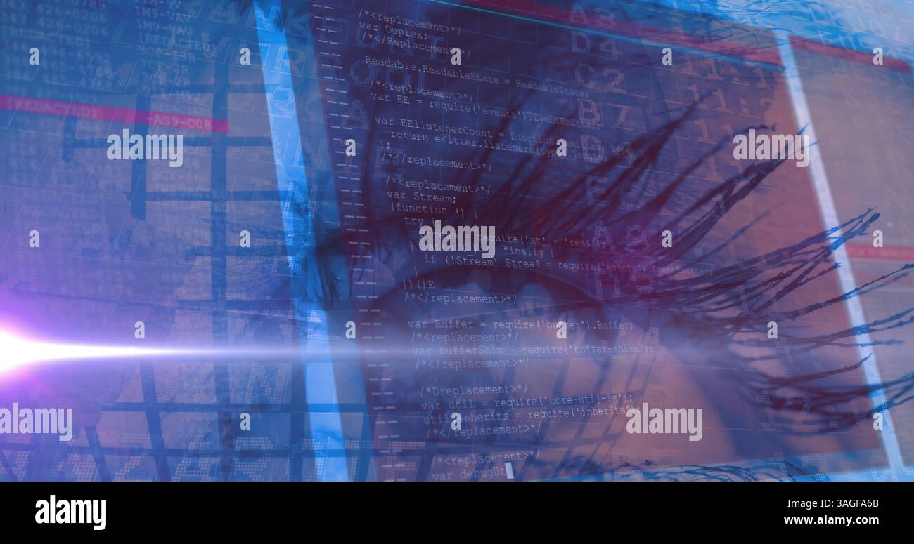 Immagine della visualizzazione dei voli aeroportuali e dell'elaborazione dei dati sopra l'occhio della donna in background Foto Stock