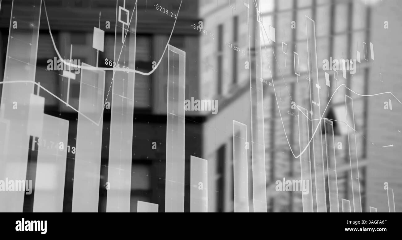 Elaborazione di dati finanziari e statistici su edifici alti in background Foto Stock