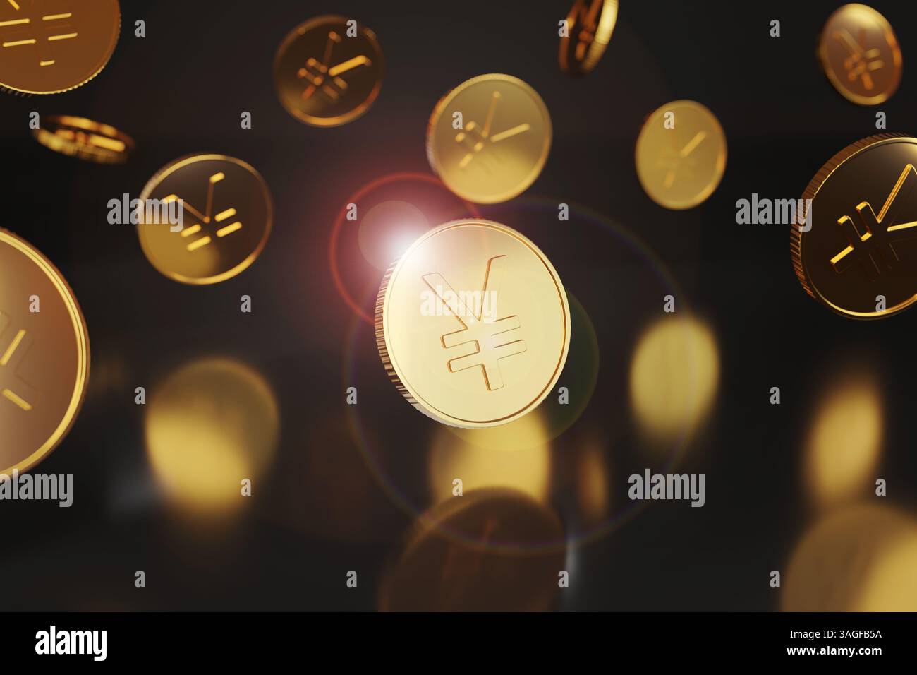 Monete Yuan che fluttuano in aria su uno sfondo nero. Illustrazione 3D. Foto Stock