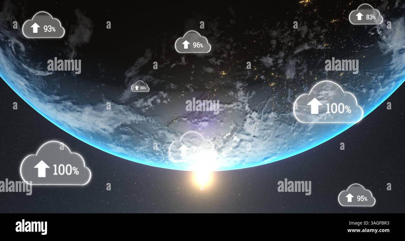 Immagine di nuvole digitali con frecce e percentuale di crescita sulla terra nell'universo sullo sfondo Foto Stock
