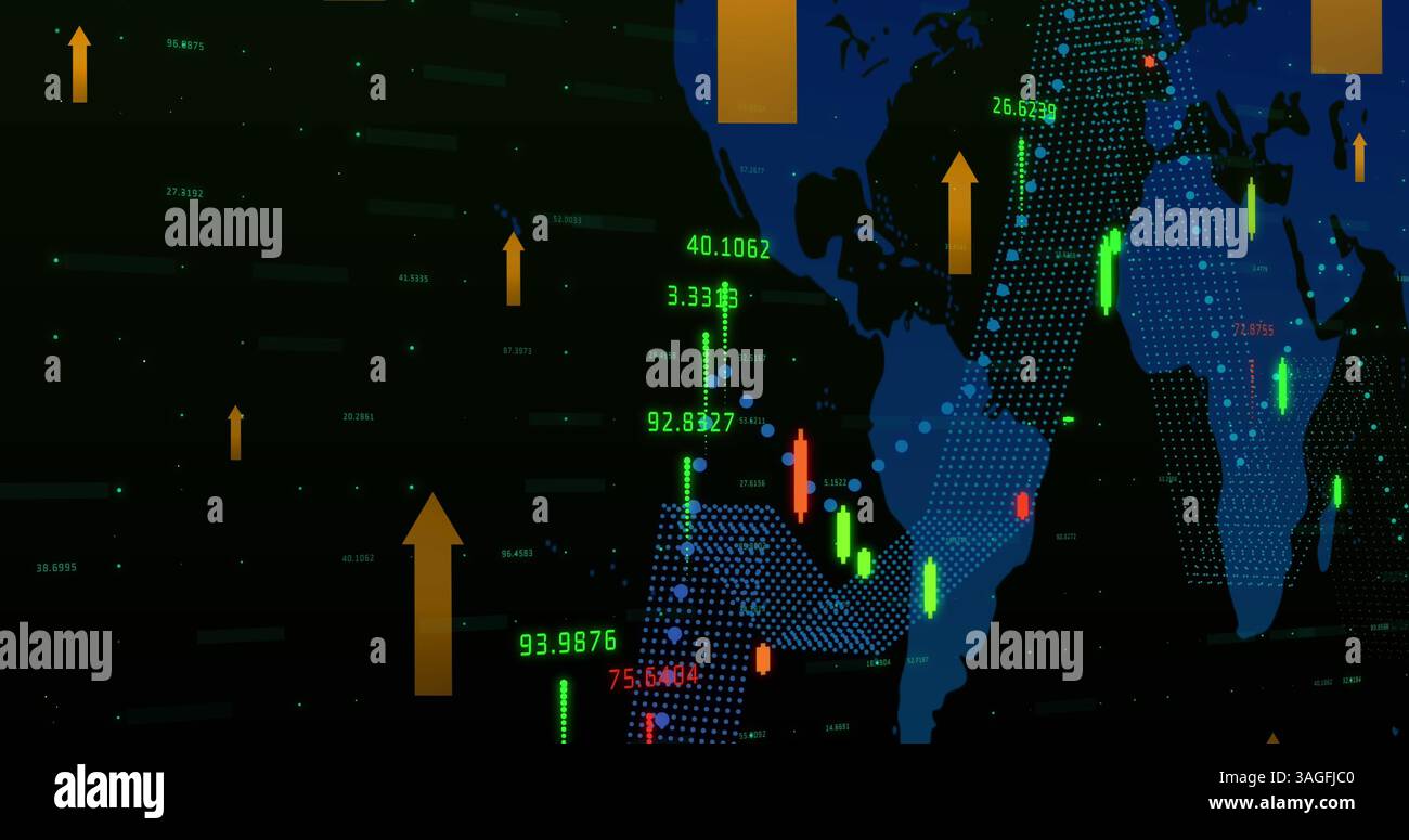 Immagine delle frecce arancioni che puntano verso l'alto e si spostano su una mappa del mondo sullo sfondo Foto Stock