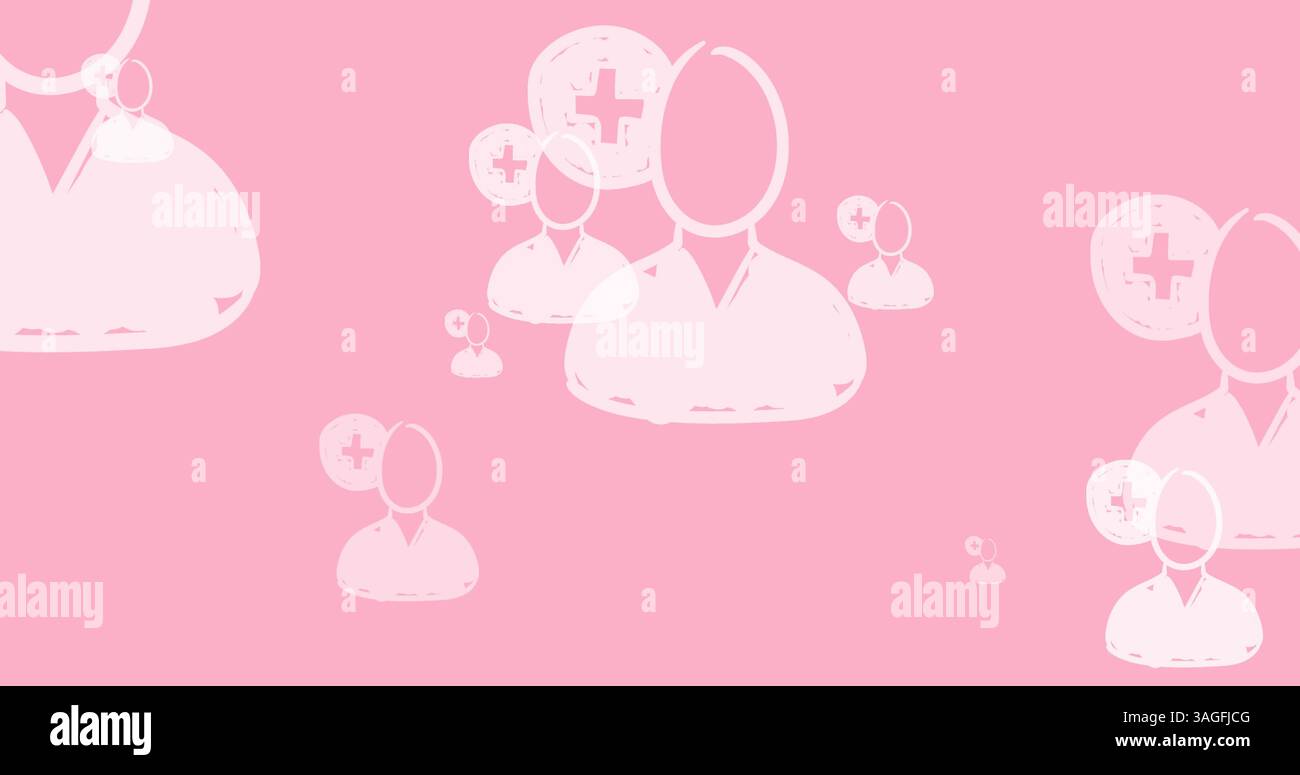 Immagine di icone di persone bianche online che si muovono su sfondo rosa Foto Stock