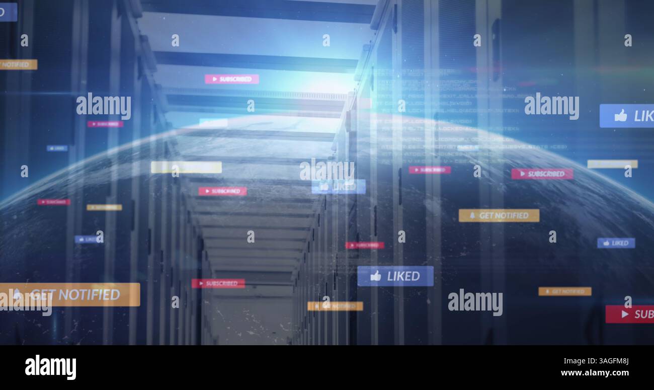 Immagine delle icone dei social media su tutto il mondo e sui server informatici Foto Stock