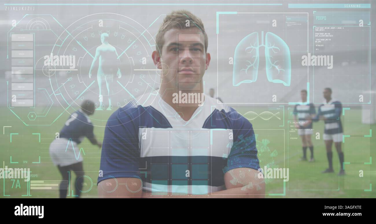 Giocatore di rugby in piedi in sicurezza sul campo con sovrapposizione di dati sanitari digitali Foto Stock