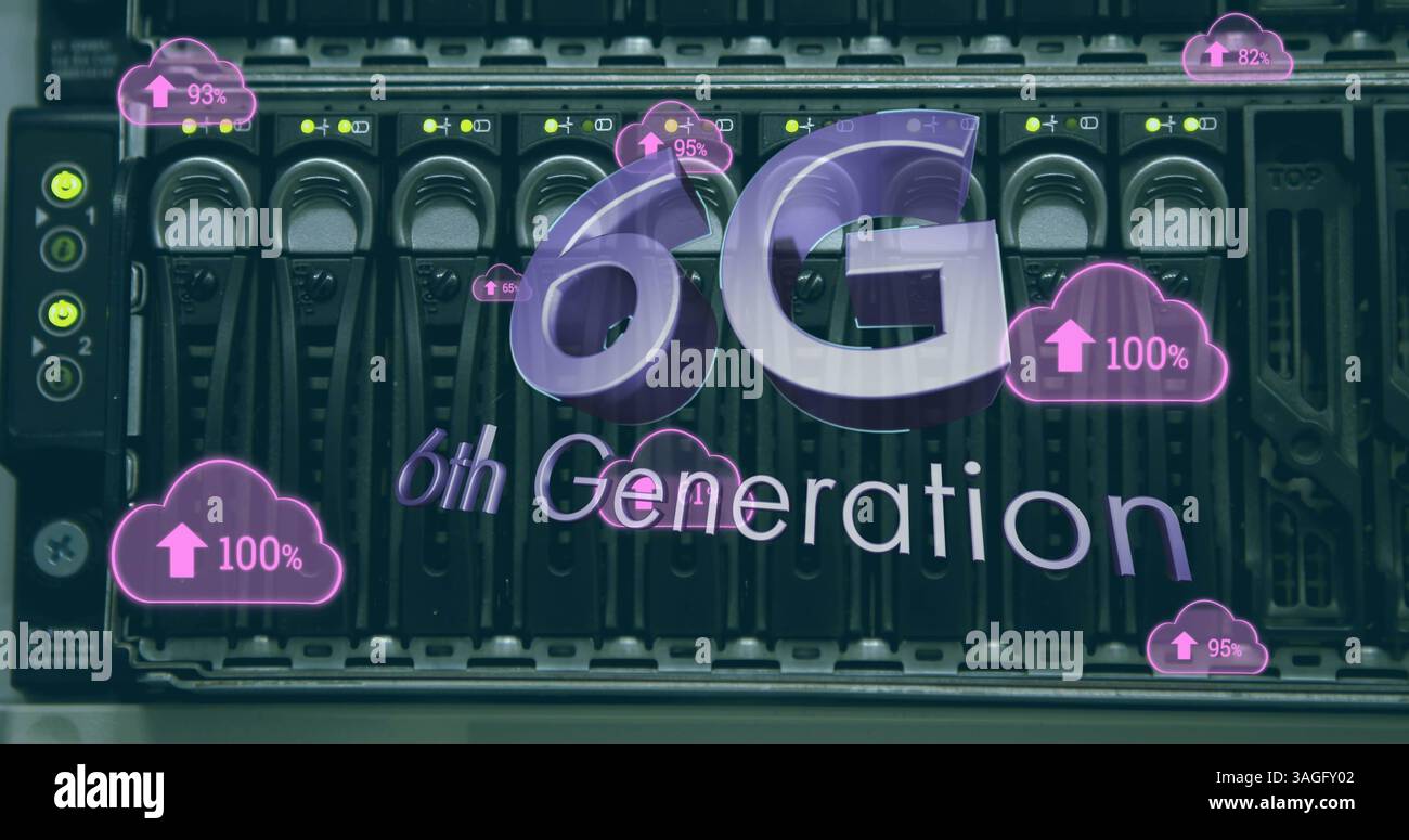 Immagine di 6g testi sull'elaborazione dei dati e sulla sala server Foto Stock