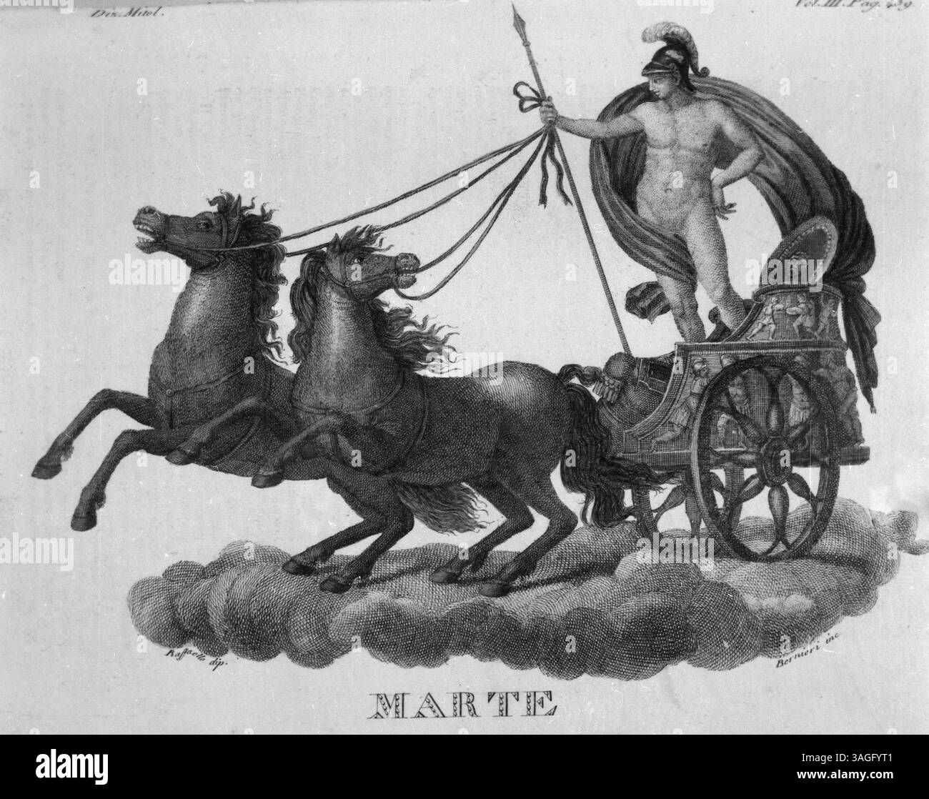 Mars God of War con il suo carro, illustrazione del pittore italiano Raffaello, anni '1800 Foto Stock