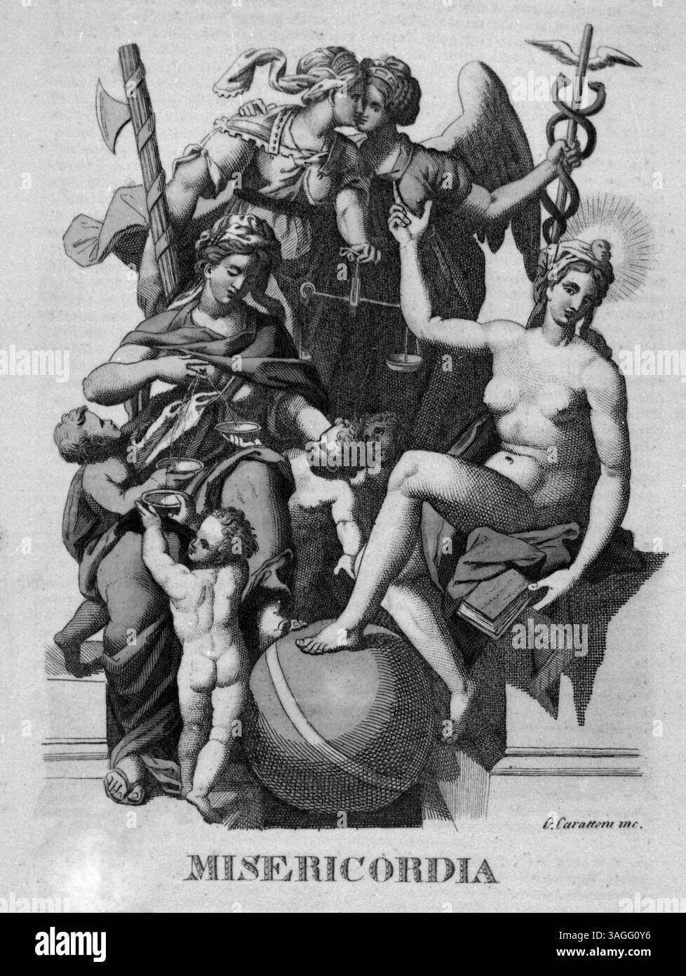 Allegoria della Misericordia, verità, giustizia e Pace, illustrazione di Orazio Samacchini dopo Agostino Caracci, Italia anni '1500 Foto Stock