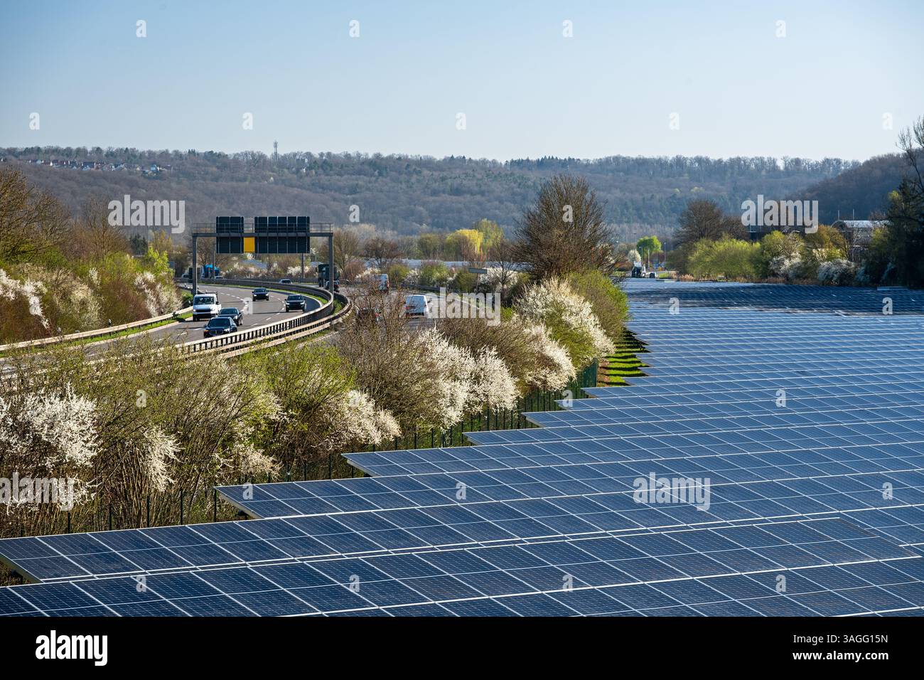 Ampia gamma di pannelli solari fotovoltaici vicino all'autostrada Foto Stock