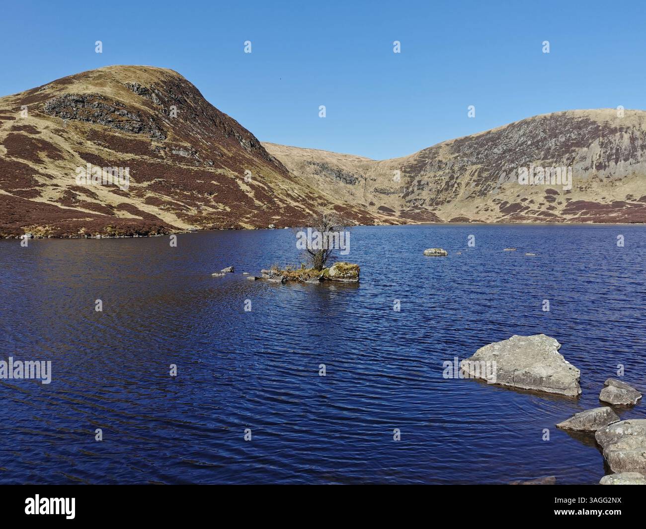 St Mary's Loch, Loch Skeen, The Grey Mare's Tail, White Coomb e Lochcraig Head negli Scottish Borders/Dumfries e Galloway durante una primavera molto secca. - Immagine stock catturata con smartphone