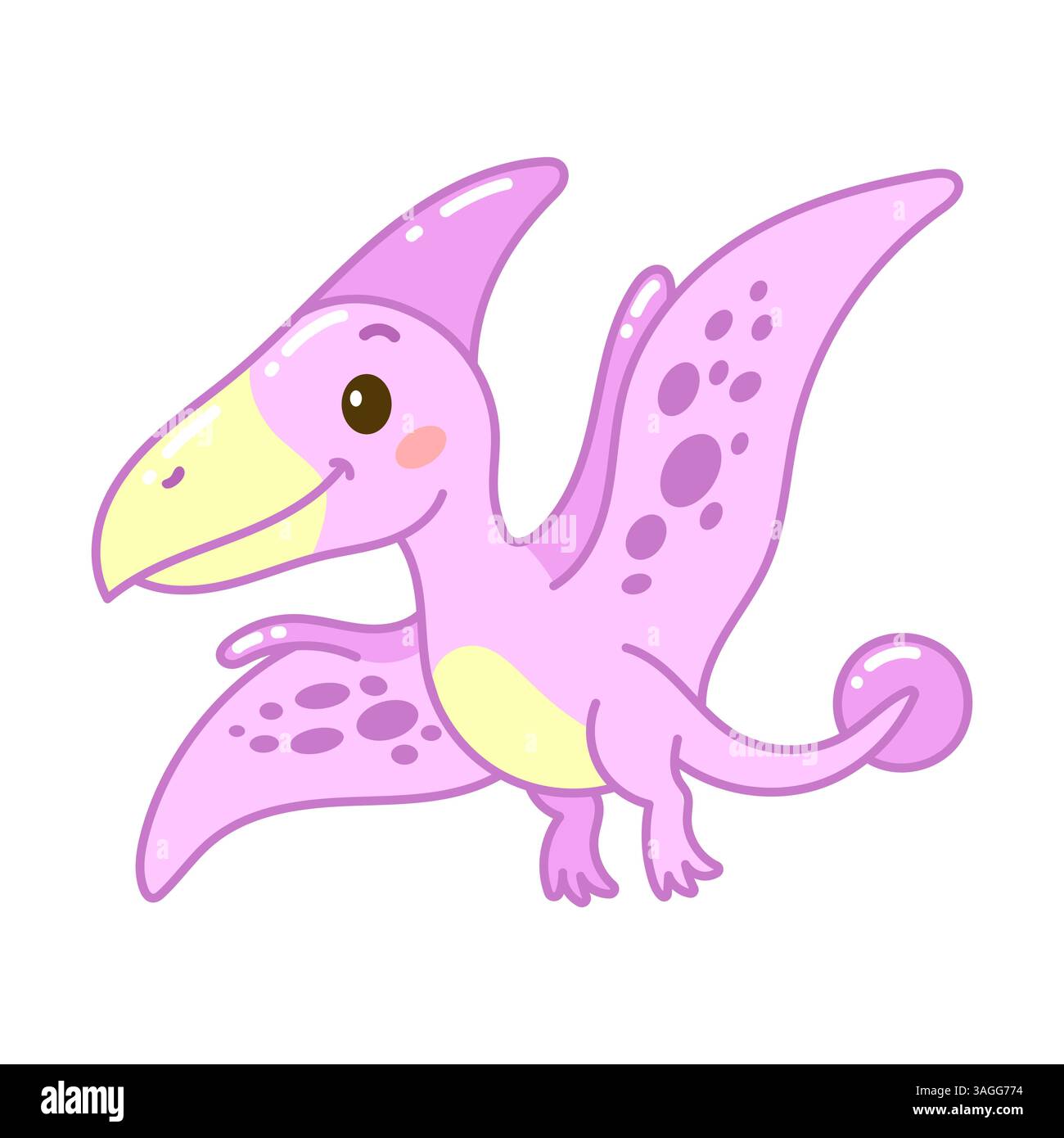Grazioso pterodattilo rosa dei cartoni animati con becco giallo e macchie grandi, perfetto per i disegni di dinosauri divertenti per i bambini Illustrazione Vettoriale