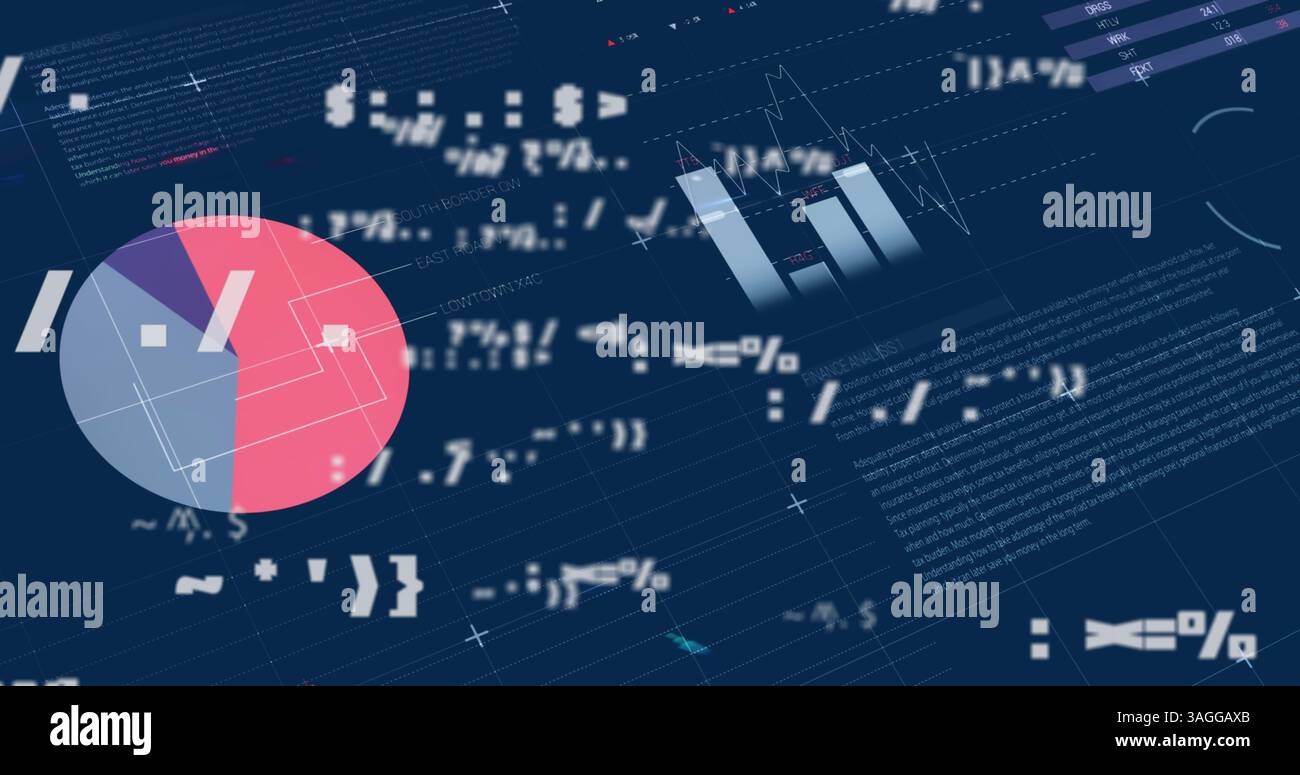 Immagine dell'interfaccia digitale con modifica dei simboli, elaborazione dei dati finanziari e registrazione delle statistiche Foto Stock