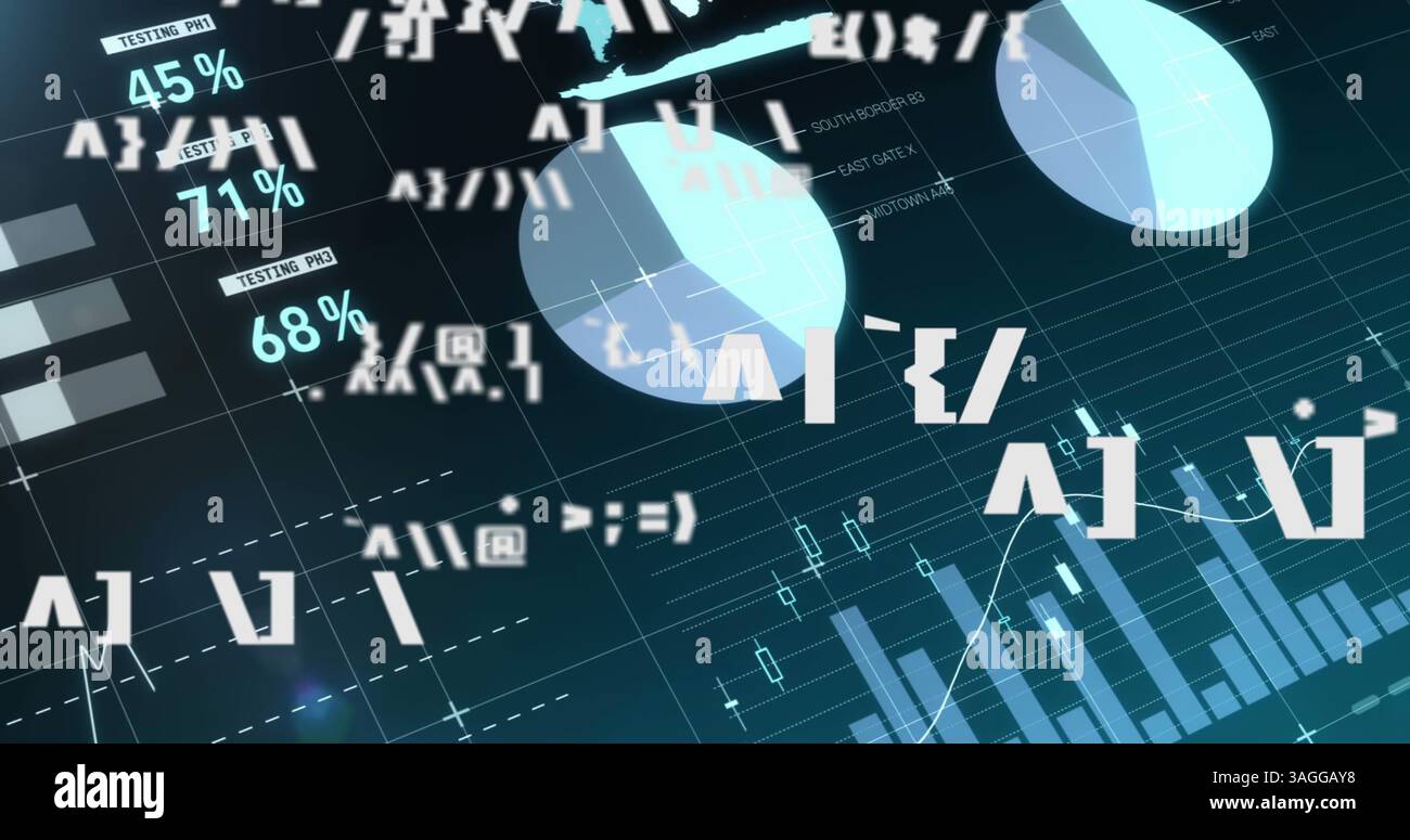 Immagine dell'interfaccia digitale con modifica dei simboli, elaborazione dei dati finanziari e registrazione delle statistiche Foto Stock