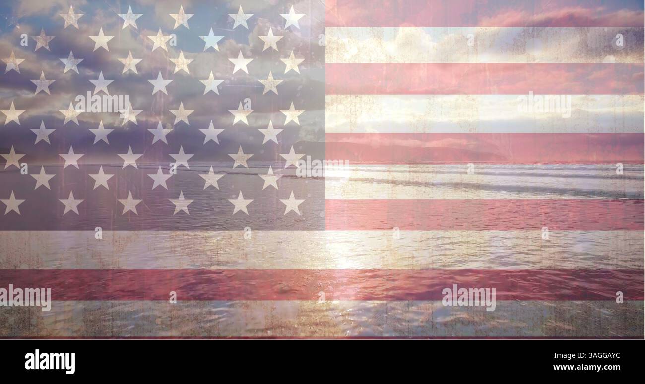 Composito digitale di immagine pacifica dell'oceano contro la bandiera americana animata Foto Stock