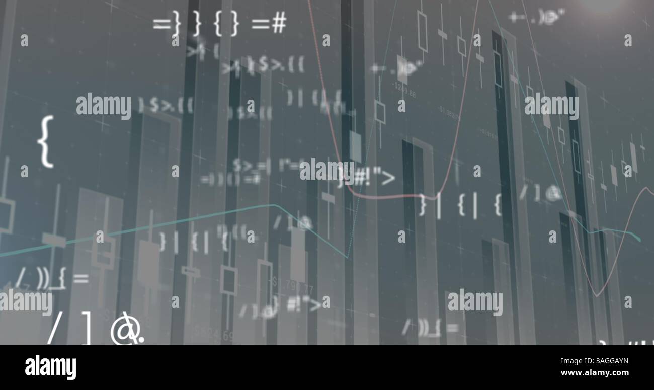 Immagine dell'interfaccia digitale con modifica dei simboli, elaborazione dei dati finanziari e registrazione delle statistiche Foto Stock
