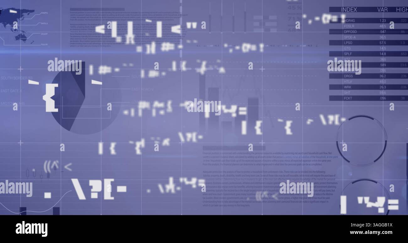 Immagine dell'interfaccia digitale con modifica dei simboli, elaborazione dei dati finanziari e registrazione delle statistiche Foto Stock