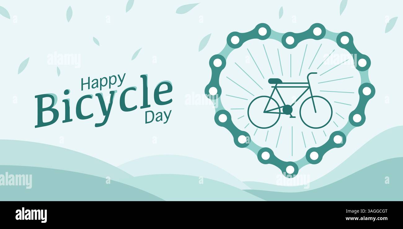 Love Bicycle Day: Catena cuore e arte minimalista della bicicletta Illustrazione Vettoriale