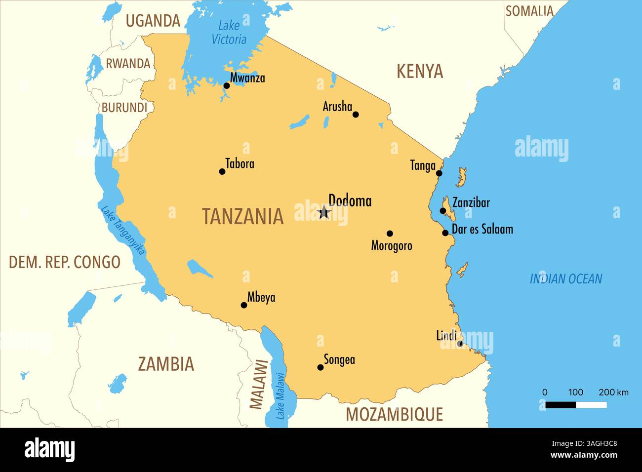 Mappa della Tanzania con le principali città e i paesi vicini Foto Stock