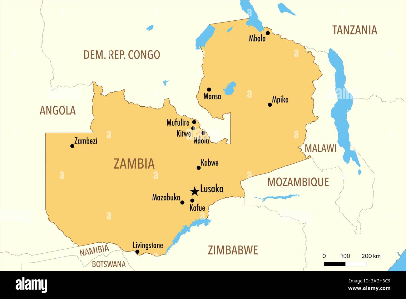 Mappa dello Zambia con le principali città e i paesi vicini Foto Stock