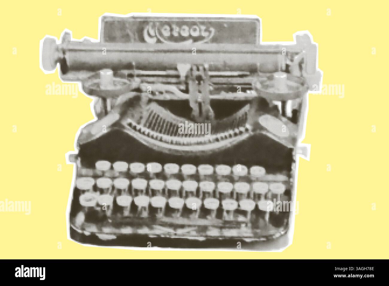 Macchina da scrivere retrò. Macchina d'epoca per tipo. Elemento collage in carta con ritagli di tendenza mezzitoni isolato su sfondo giallo, stile POP POT ART Polka Illustrazione Vettoriale