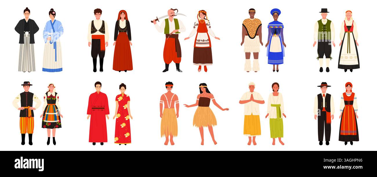 Persone di mondo in diversi costumi tradizionali. Uomo e donna in nazionale Kimono e hakama, rumeno, costume e Vyshyvanka, Lederhosen e Dirndl, Amalia vestono cartone animato vettoriale illustrazione Illustrazione Vettoriale