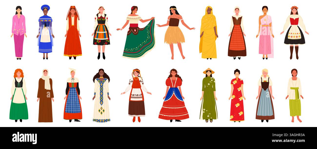 Donna folk in un diverso set etnico tradizionale. Ragazze che indossano abiti storici di Malesia e Sud Africa, Thailandia e Messico, Vietnam e Cina, Paesi Bassi illustrazione vettoriale dei cartoni animati Illustrazione Vettoriale