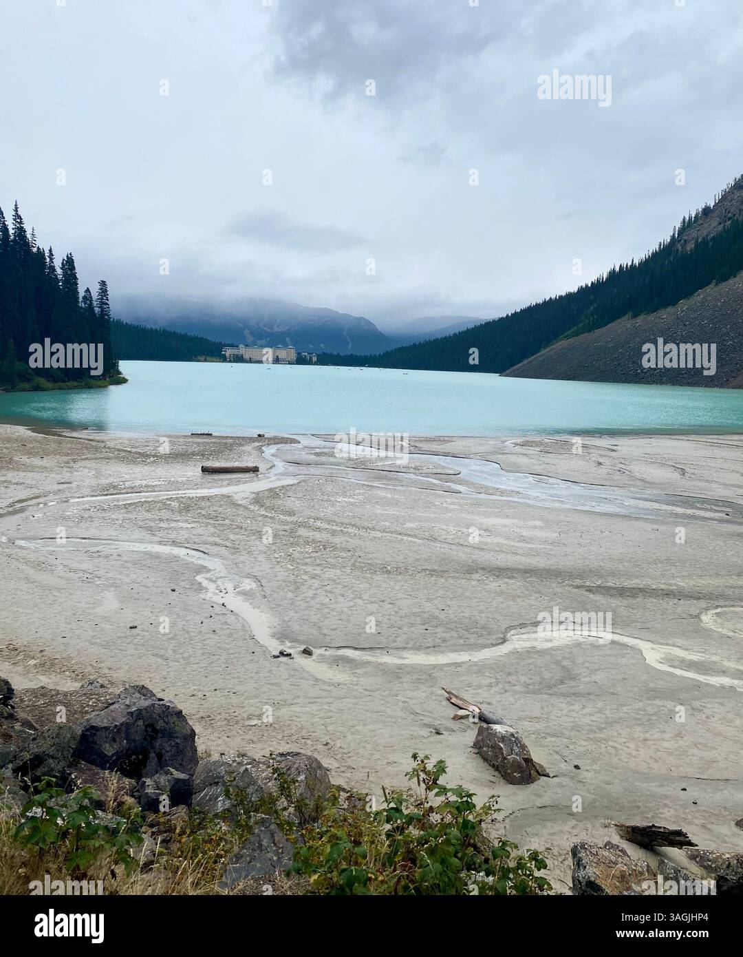 Motivi di silt glaciale sulla riva del lago Louise Foto Stock