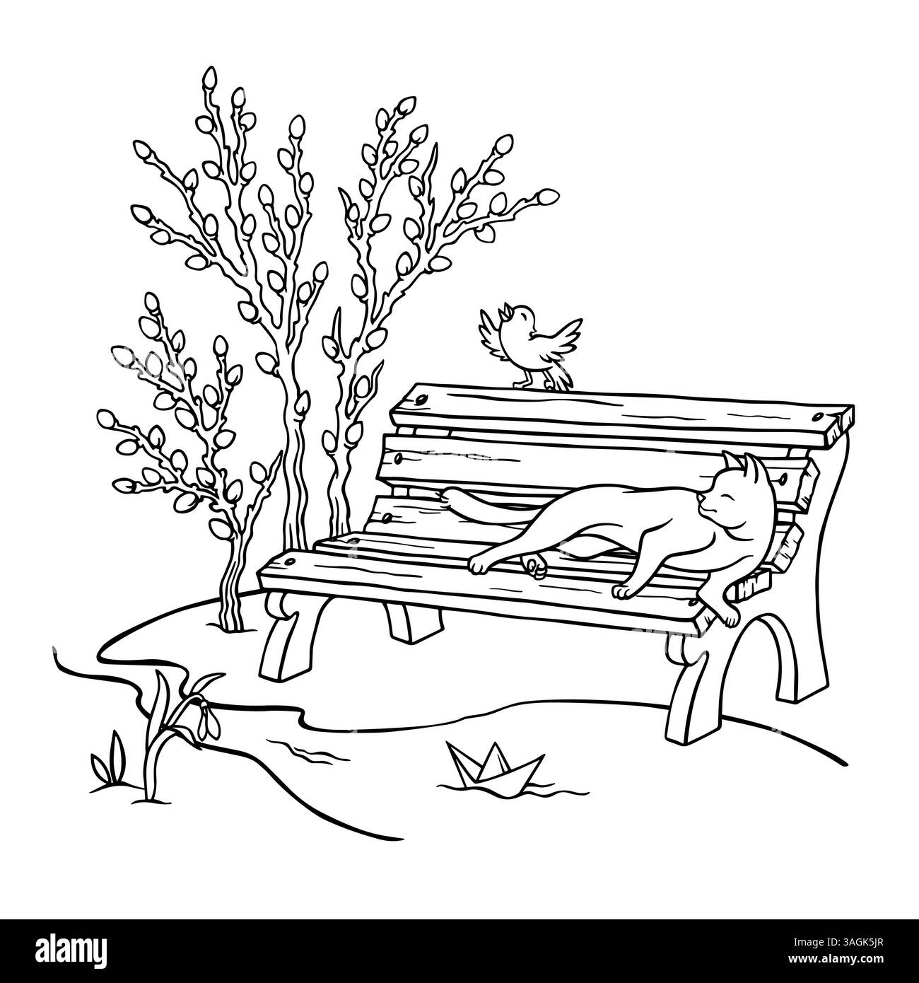 Un gatto sdraiato su una panchina contro un cespuglio di salice, vicino al quale una barca di carta galleggia in un flusso di neve che scioglie. Segni di primavera. Illustrazione di contorno Illustrazione Vettoriale