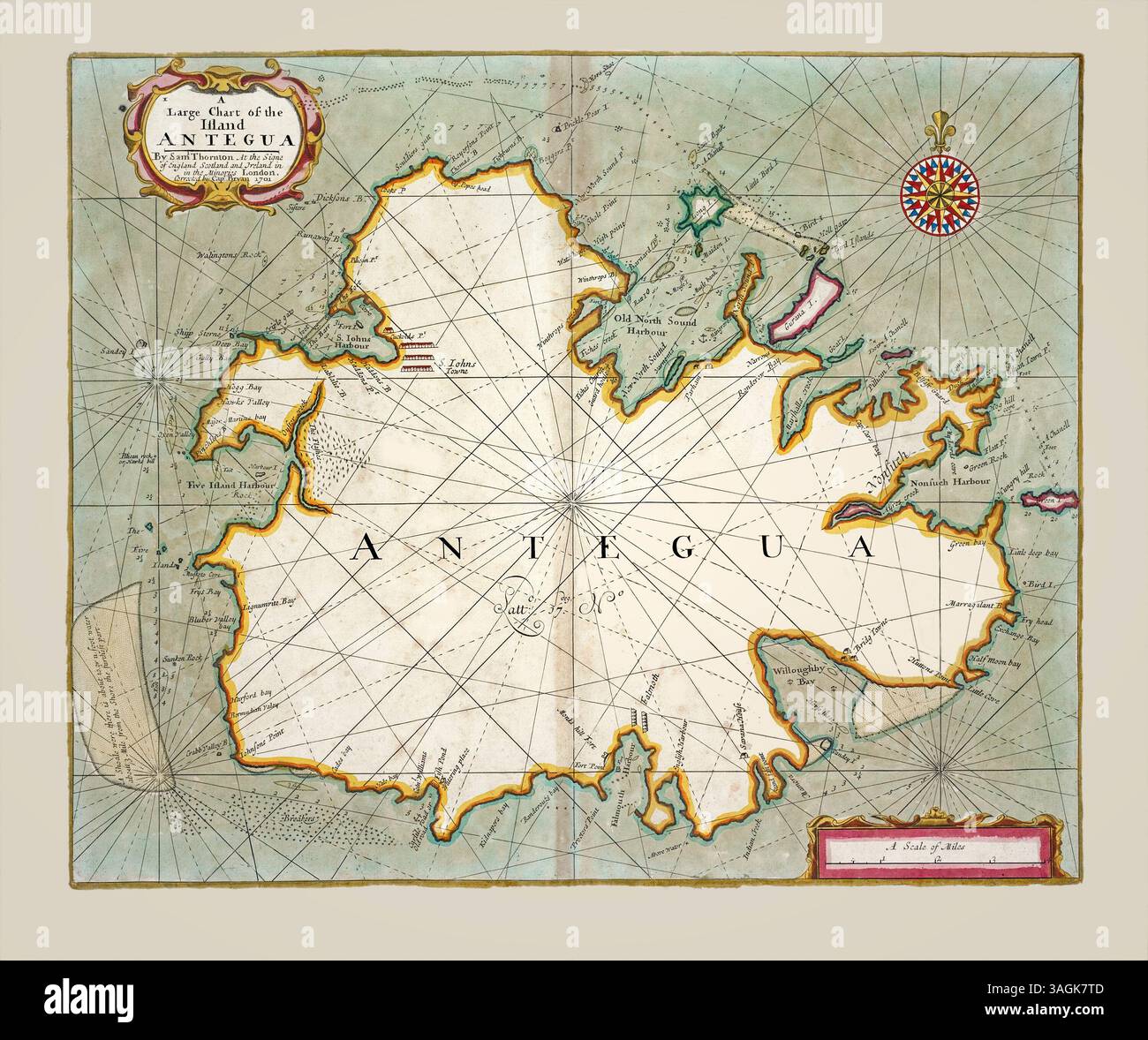 Mappa costiera di Antigua 1702. Si tratta di una riproduzione migliorata e restaurata di una mappa antica dell'isola di Antigua, circa 1702. Presenta i dettagli della costa. Ho selezionato interessanti, vecchie immagini grafiche del XVIII e XIX secolo per il restauro e l'editing digitale. Le immagini sono state regolate e illuminate per renderle adatte alla visualizzazione e ad altri scopi. L'immagine risultante mette in risalto molti dettagli e punti di riferimento, rendendo questa mappa un grande riferimento storico. Foto Stock