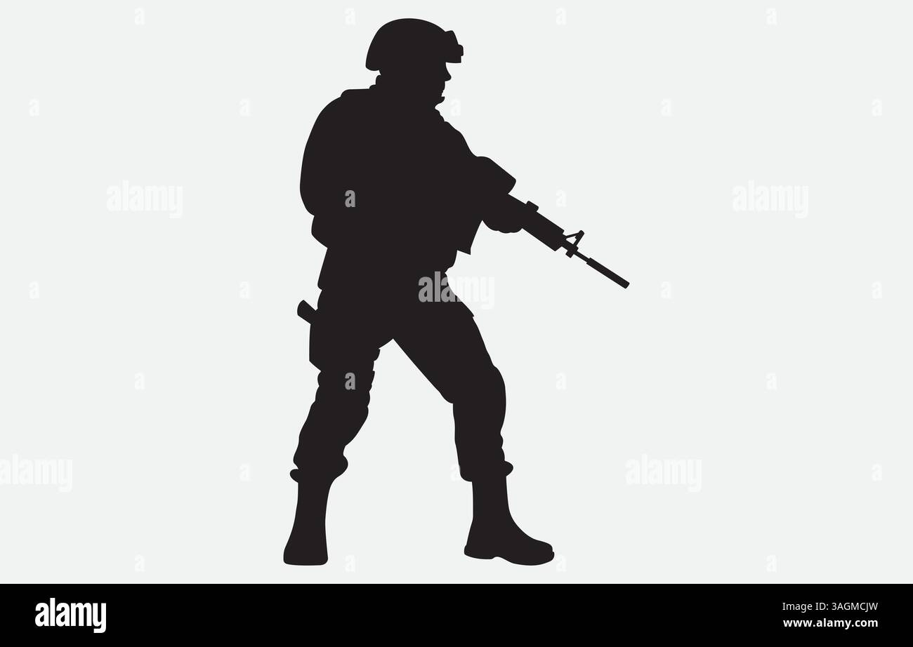Una silhouette da soldato su sfondo bianco Illustrazione Vettoriale