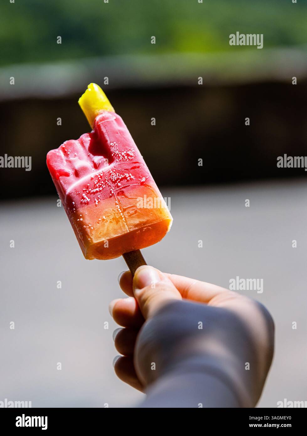 Primo piano di un vivace gelato rosso giallo arancio morso con bastoncino di papavero tenuto in mano a un bambino irriconoscibile. Soleggiata giornata estiva nel parco Foto Stock