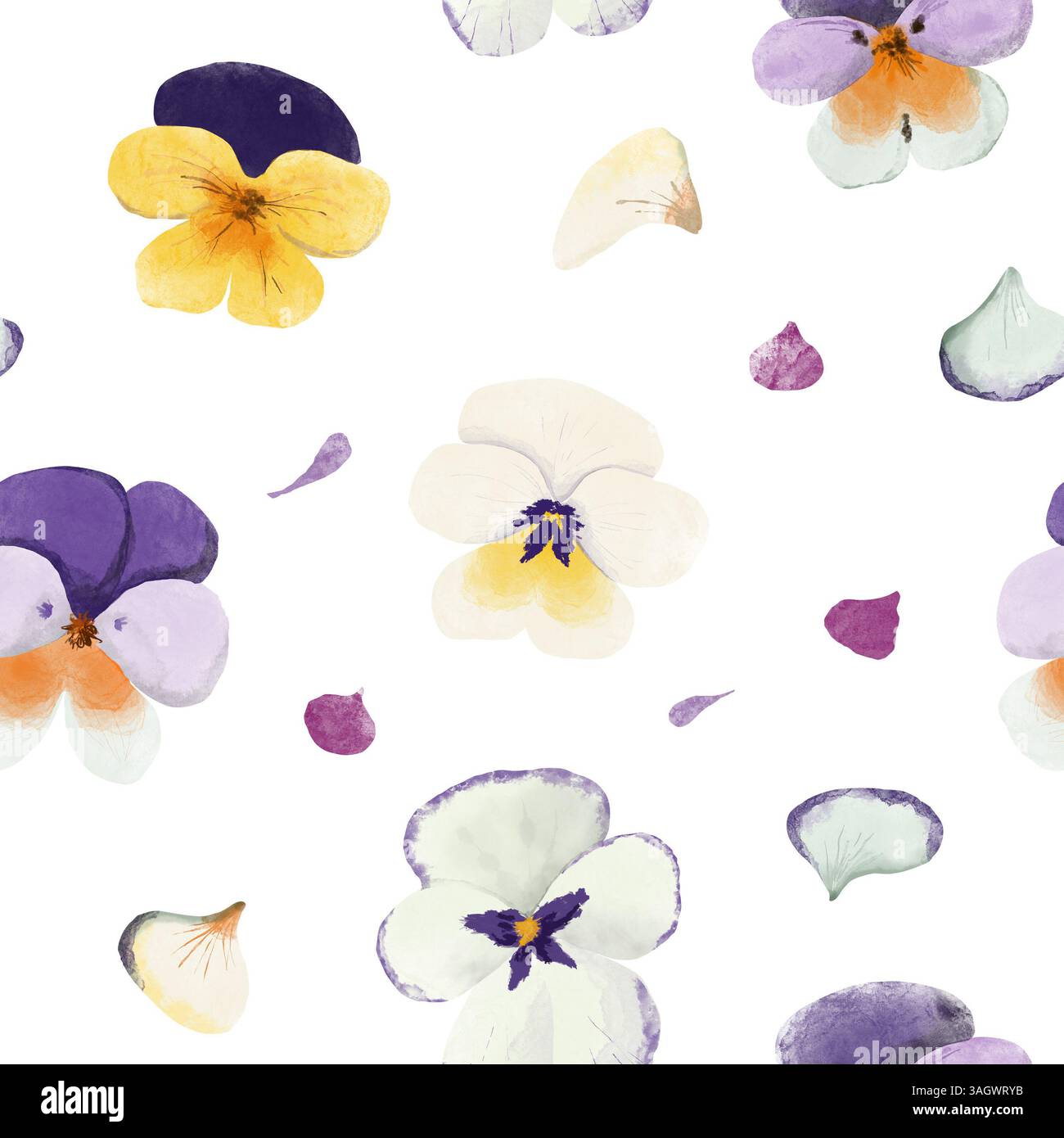 Motivo floreale senza cuciture con fiori e petali di viola (pansy) disegnati a mano. Texture acquerello, grafica raster. Colori giallo, viola, crema e arancione Foto Stock