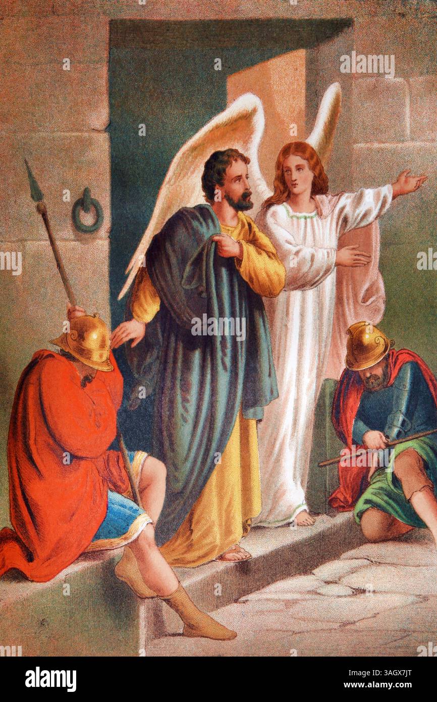Illustrazione di Pietro consegnato fuori di prigione liberato da un angelo (atti) dalla Bibbia della famiglia autointerpretante di Antique 19th Century Brown contenente il Foto Stock