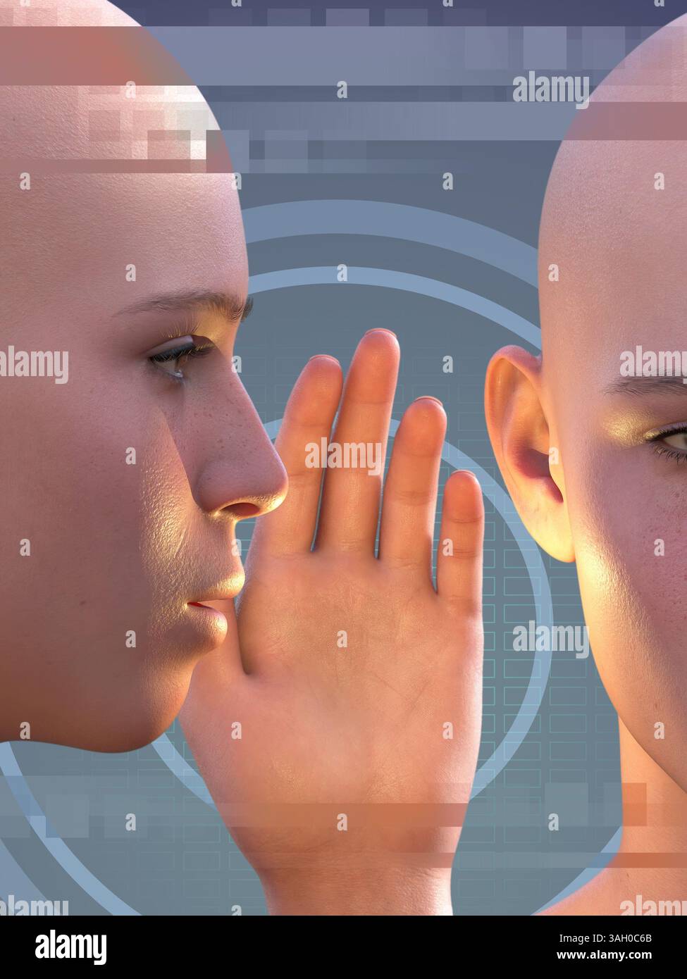 Sussurrare informazioni riservate nell'orecchio di qualcuno. Illustrazione digitale, rendering 3D. Foto Stock