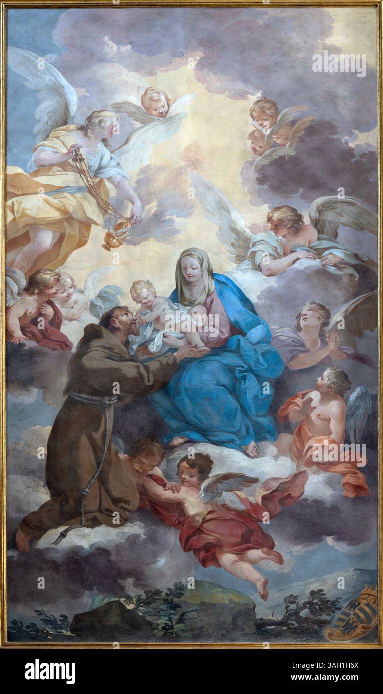 PISTOIA, ITALIA - 16 MARZO 2025: L'affresco della Madonna e di San Francesco d'Assisi nella Basilica della Madonna dell'Umiltà Foto Stock