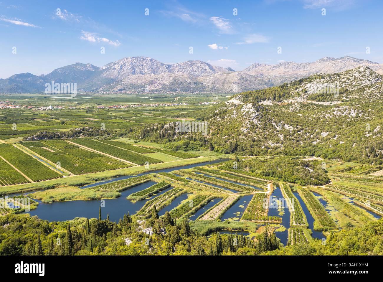 Delta del fiume Neretva vicino alla foce del fiume nel Mare Adriatico, Croazia, Europa. Valle lussureggiante con campi agricoli unici e canale di irrigazione Foto Stock