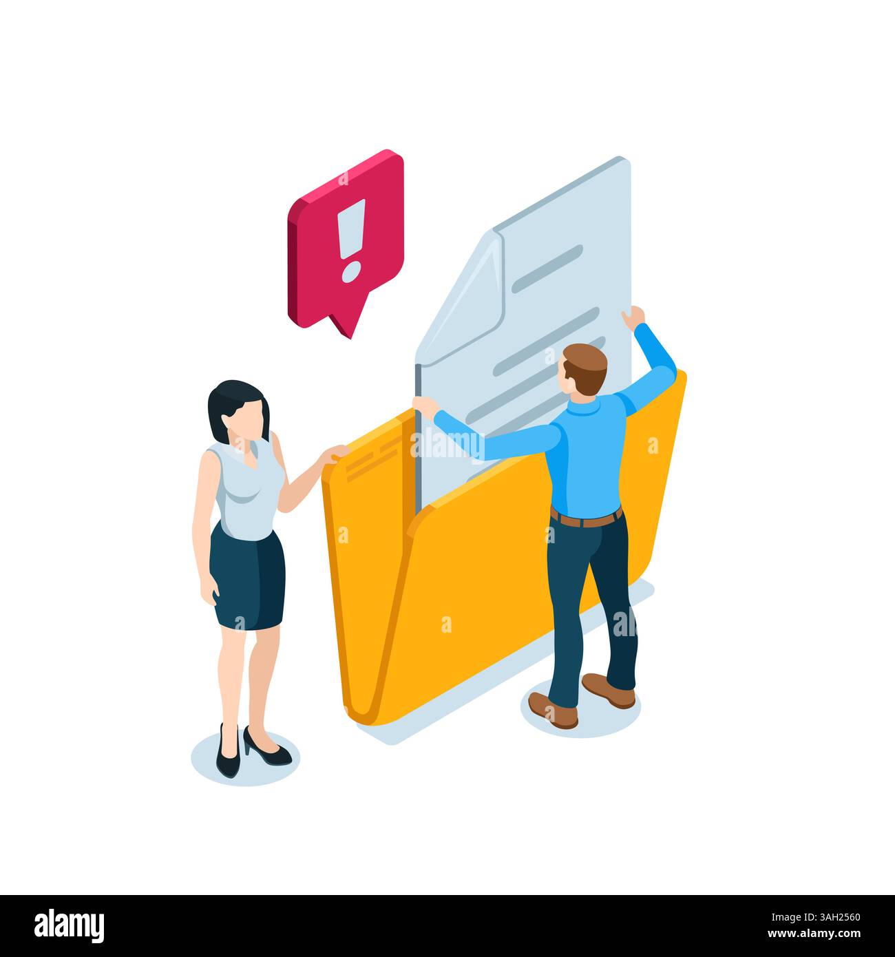 isometric man estrae un documento a colori da una cartella su sfondo bianco, lavora con la documentazione o con una cartella di lavoro Illustrazione Vettoriale