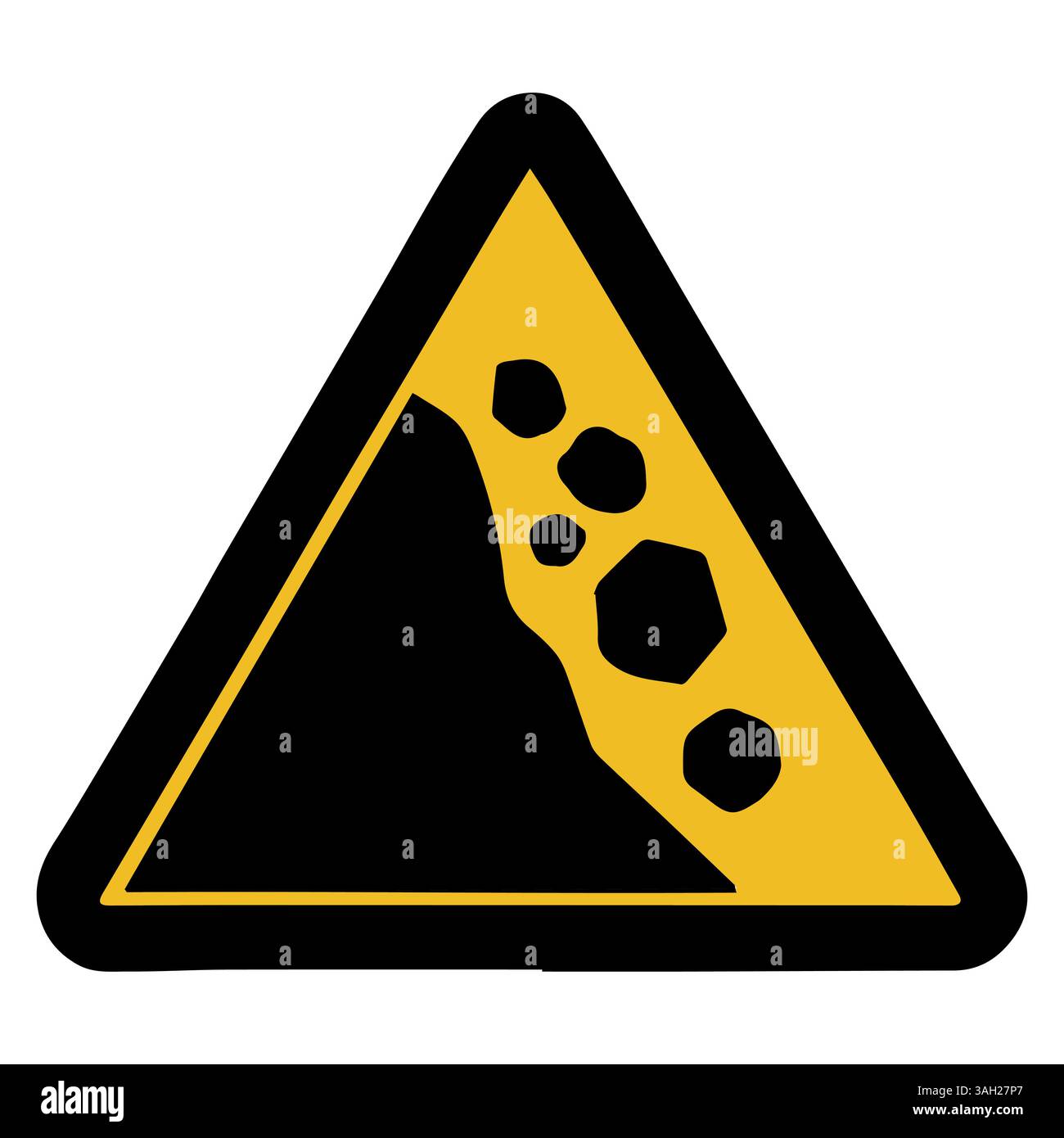 Segnale di pericolo di frana triangolo giallo con rocce in caduta Illustrazione Vettoriale