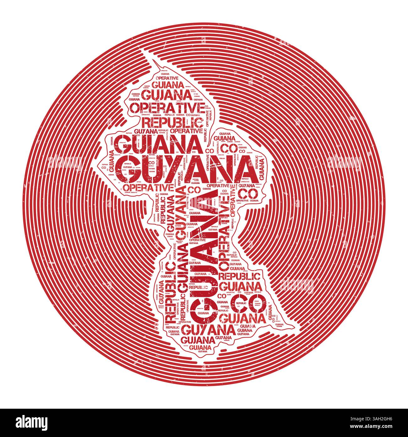 Immagine vettoriale della Guyana. Design del logo rotondo del paese. Poster della Guyana in archi circolari e in stile nuvola di parole. Illustrazione vettoriale moderna. Illustrazione Vettoriale