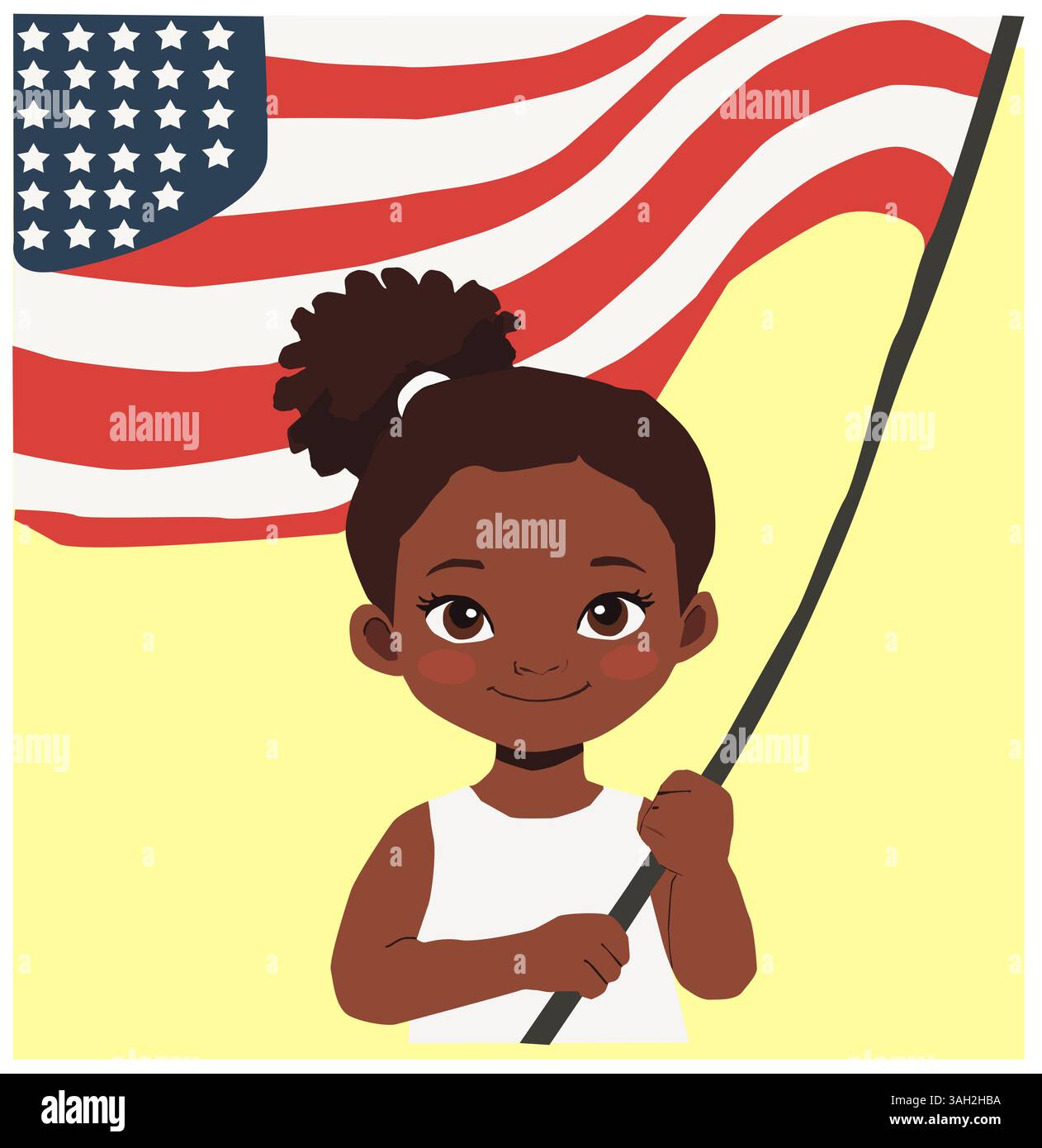 Sorridente ragazza afro-americana con la bandiera degli Stati Uniti su sfondo giallo, illustrazione vettoriale per bambini del 4 luglio Foto Stock