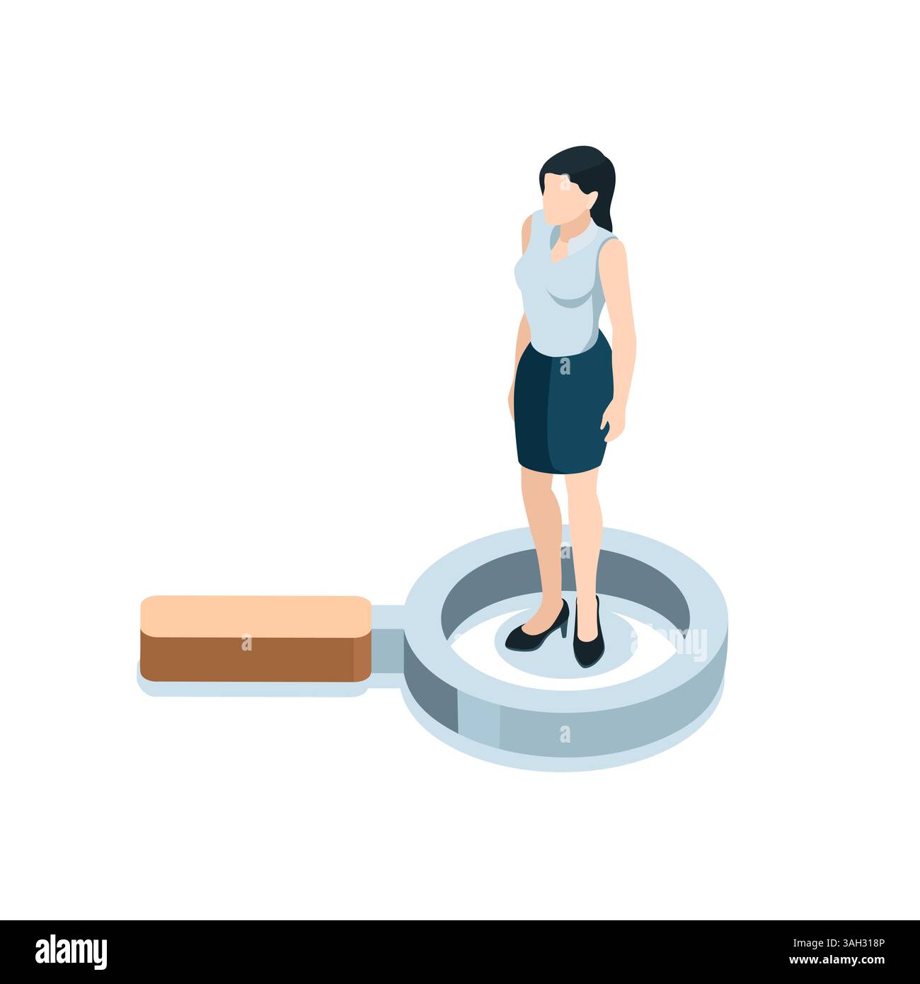 donna isometrica e lente d'ingrandimento, a colori su sfondo bianco, scambio di manodopera o ricerca di personale e dipendenti Illustrazione Vettoriale