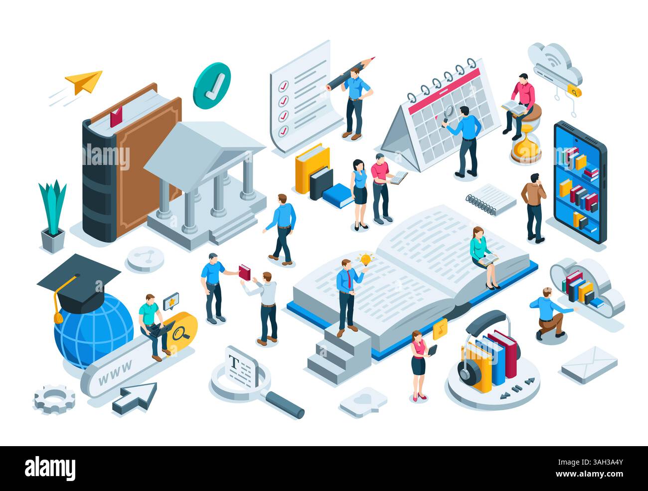 Concetto isometrico sul tema della lettura e dell'apprendimento, a colori su sfondo bianco, le persone leggono libri nella biblioteca online e su Internet Illustrazione Vettoriale